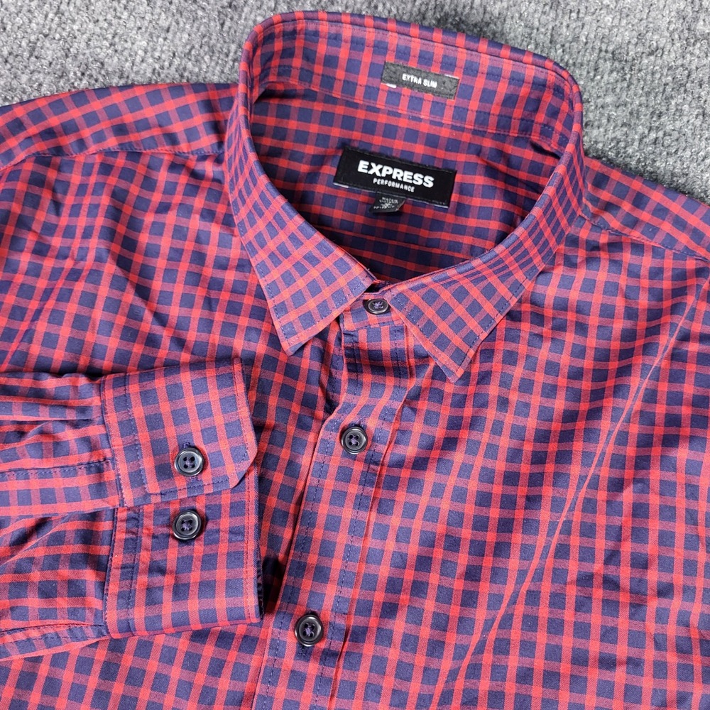 Express Performance Extra Slim Fit Button Down Shirt Mens M Red Blue Gingham